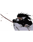 Mouse pad featuring Kenpachi Zaraki and Unohana Retsu, 40x20 inches, with stark contrasts, flowing motion, and blood-streaked intensity for raw power.