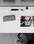 14x10 inches classic anime mouse pad in red, white, and blue with a soft rainbow halo, crisp and chaotic.