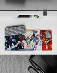 28x12 inches anime mouse pad in red, white, and blue with a soft rainbow halo and chaotic energy.