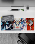 32x12 inches anime mouse pad in bold reds, clean whites, cool blues, with a soft rainbow halo and wild energy.