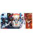 32x16 inches anime mouse pad with five Gundam mecha squad in a bold five-panel desktop collage.