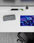 Neon blue and violet anime girl mouse pad 14x10 inches, cozy fantasy romance vibe with sharp contrast.