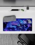28x12 inches anime girl mouse pad in neon blues and deep violet, cozy fantasy romance vibe, high contrast.