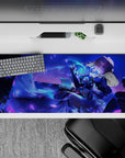 Neon blue and violet fantasy anime girl desk pad 36x16 inches with cozy romantic cinematic glow.