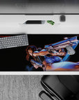 Neon-blue glow on deep black anime girl desk pad 36x16 inches, gritty fast vibe for gaming and work.