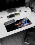 28x12 inches Revy Black Lagoon mouse pad, mid-twist gunfighter grin, dual pistols drawn in dynamic action scene.