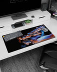 32x16 inches Revy Black Lagoon mouse pad with cropped top and frayed shorts, mid-twist gunfight scene.