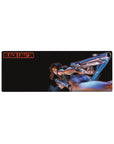 32x12 inches anime girl mouse pad with Revy action pose, twin pistols, cropped top, denim shorts.