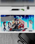 Anime mouse pad featuring Kirito, Asuna, Silica, and more from Sword Art Online, 32x16 inches, vibrant and nostalgic.