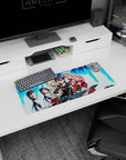 Sword Art Online mouse pad 28x12 inches featuring Kirito, Asuna, Silica, and Lisbeth in pixelated blue and digital fire.