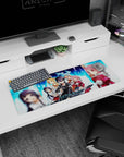 Sword Art Online mouse pad, 32x12 inches, featuring Kirito, Asuna, Silica, Lisbeth, Yui in pixelated blue and digital fire.
