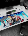 Sword Art Online desk pad 40x20 inches featuring Kirito, Asuna, Silica, Lisbeth, Yui in pixelated blue and digital fire.