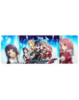 Anime mouse pad 32x12 inches featuring Kirito, Asuna, Silica, and more from Sword Art Online in pixelated blue and digital fire.