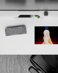Anime mouse pad 14x10 inches in gold, neon blue, and red embers, moody late-night fantasy desk vibe.