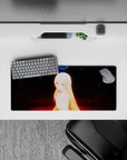 28x12 inches anime desk mouse pad in moody dark tones with red embers, blue halo glow, soft fantasy vibe.