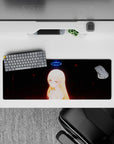 Anime girl mouse pad 32x12 inches in moody dark tones with red embers and neon-blue glow, late-night vibe.
