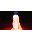 Anime girl desk pad 40x20 inches with golden-haired elf, blue halo, white dress on dark ember background.