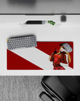 Bold 28x12 mouse pad featuring Asuka’s rebellious smirk, eyepatch, and striking red-and-white background for a statement look