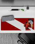 Bold 32x12 mouse pad with Asuka’s signature eyepatch, confident smirk, and rebellious red-and-white background for stylish edge