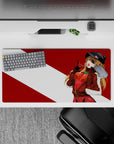 Bold 32x16 mouse pad with Asuka Langley Shikinami’s signature eyepatch, smirk, and rebellious red-and-white background