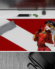 Bold 40x20 desk pad showcasing Asuka Langley Shikinami with rebellious smirk, eyepatch, and striking red-and-white background