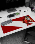 Rebellious 36x16 anime desk mat with Asuka Langley Shikinami, her eyepatch, and bold red-and-white design for stylish attitude
