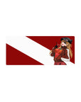 Asuka Langley Shikinami 28x12 mouse pad with bold red-and-white background, confident smirk, and signature eyepatch for powerful design