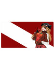 Asuka Langley Shikinami 32x16 mouse pad featuring her confident smirk, eyepatch, and bold red-and-white background for a bold aesthetic