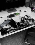 Confident anime girl lounging, teasing gaze, hand near lips on oversized face backdrop desk pad 40x20 inches.