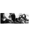 Anime girl mouse pad 32x12 inches with noir ink-wash art, armored pose, oversized face backdrop.