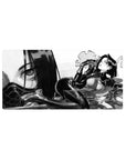 Noir anime girl mouse pad 32x16 inches with bold linework, armor details, and oversized face backdrop.