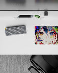 Vibrant 14x10 inches anime girl mouse pad in dreamy neon tones, amber and sapphire eyes, glossy highlights.