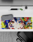 32x12 inches desk mouse pad in bright floral neon hues, teal-violet hair, glossy highlights, dreamy vibe.