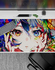 Vibrant 40x20 inches anime desk pad in teal, violet, amber and sapphire glow with dreamy glossy highlights.