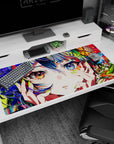 Close-up anime girl desk pad 40x20 inches, cheeks cradled by neon nails, framed by bright petals.