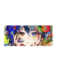 28x12 inches anime girl mouse pad with wild blooms, neon green nails, and mismatched starry eyes.