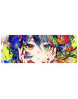 32x12 inches anime girl mouse pad with wild blooms, neon green nails, and mismatched starry eyes.