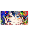 32x16 inches anime girl mouse pad with floral frame, neon green nails, and glossy art print style.