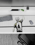 36x16 inches anime mouse pad in clean white and charcoal with premium gold collar accent, bold and confident.