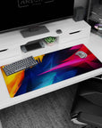 Vibrant 36x16 inches desk pad showcasing abstract geometric patterns in bright tones, perfect for transforming any workspace into a colorful, exciting environment.