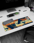 Small but impactful 32x12 desk mat showcases retro-modern charm with striking geometric artistry