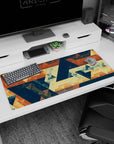 Retro-modern artwork on 36x16 desk mat captures the essence of abstract geometry with vibrant yet calming aesthetics