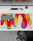 Energetic 32x16 desk mat combines vibrant hues and dynamic ribbons for impactful yet stylish visuals
