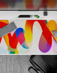 Dynamic 40x20 desk pad showcases flowing ribbons of color with energetic movement for an inspiring workspace vibe