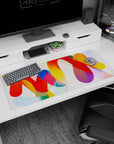 Modern artwork on 36x16 desk mat captures the essence of dynamic abstract energy with vivid colors and fluid motion