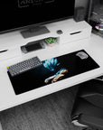 Stylish 32x12 inch mouse pad with Vegeta's glowing Super Saiyan Blue energy, perfect for workspaces