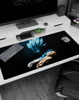 Premium 40x20 inch desk pad with bold Super Saiyan Blue design, perfect for Dragon Ball enthusiasts