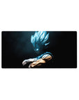 32x16 inch mouse pad featuring Vegeta in Super Saiyan Blue with dark contrasts and Saiyan energy