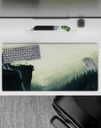 Mouse pad with a mountain shrine, 32x16 inches, perched above a river and waterfalls for a tranquil, spiritual landscape.
