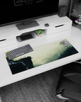 32x12 inches mouse pad featuring a mountain shrine, flowing river, and waterfalls, with sunlight streaming through mist for serenity.